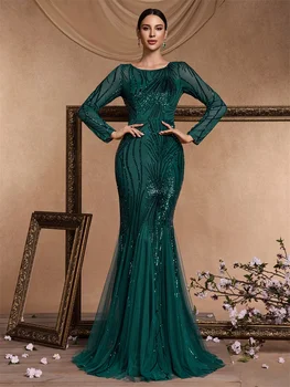Lucyinlove Elegant Long Sleeves Sequin Tulle Evening Dresses 2024 Women Luxury Mermaid Formal Bridesmaid Party Maxi Prom Dress 4