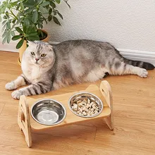 

Cat Bowl Adjustable Bamboo Cat Food Container Neck Protector Double Bowls for Cats Feeder Stainless Steel Cats Bowls with Stand