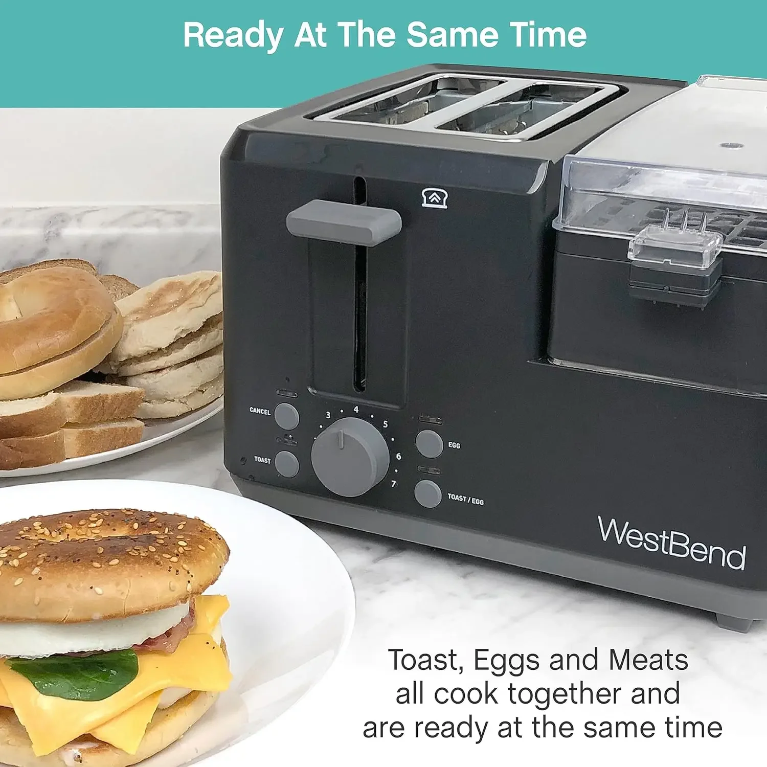 NEW 78500 Breakfast Station, 2-Slice Toaster with Removable Meat and Vegetable Warming Tray and Egg Cooker/Poacher, Black 3