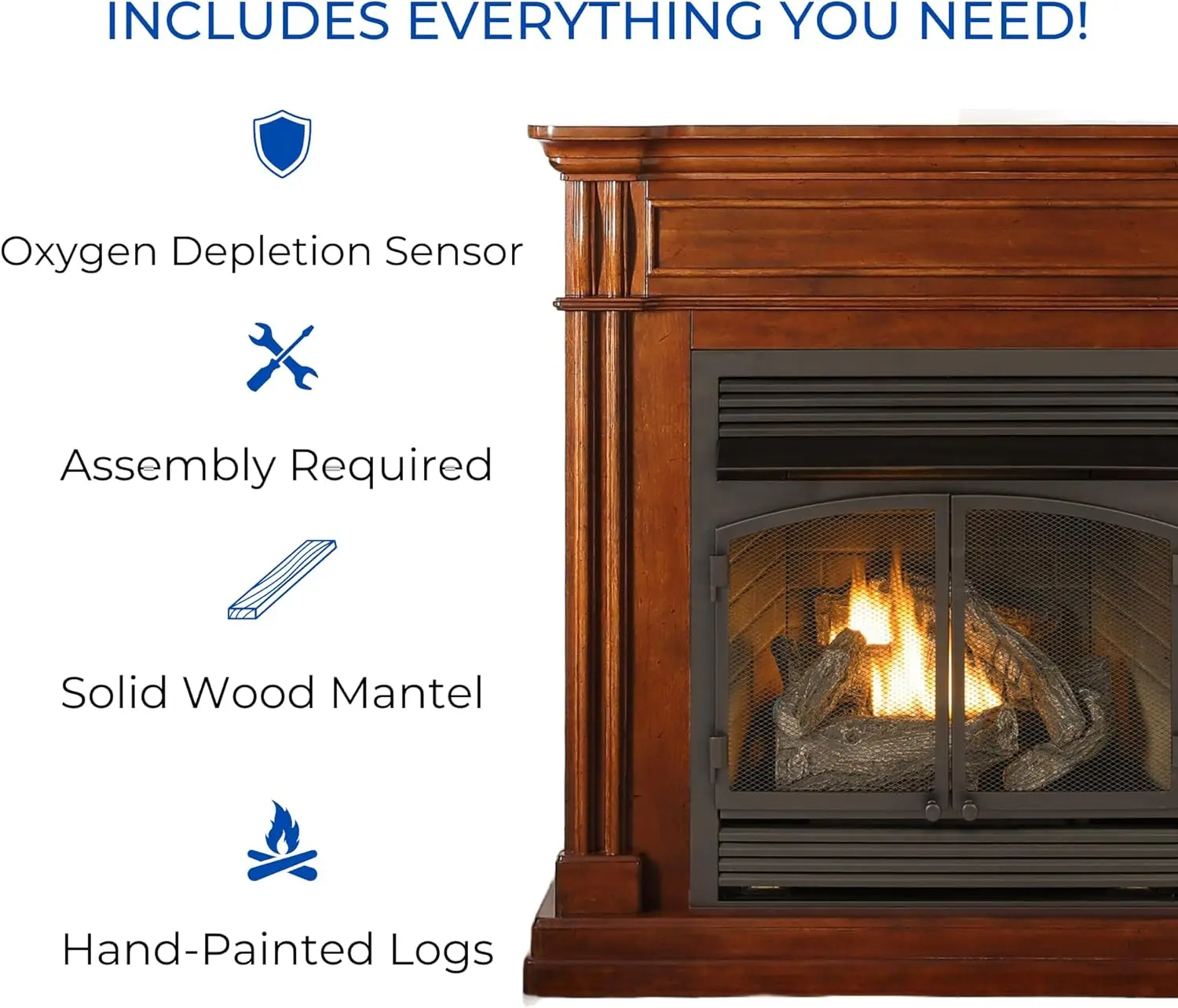 Dual Fuel Ventless Gas Fireplace System with Mantle Thermostat Control 6 Fire Logs Use with Natural Gas or Liquid Propane 5