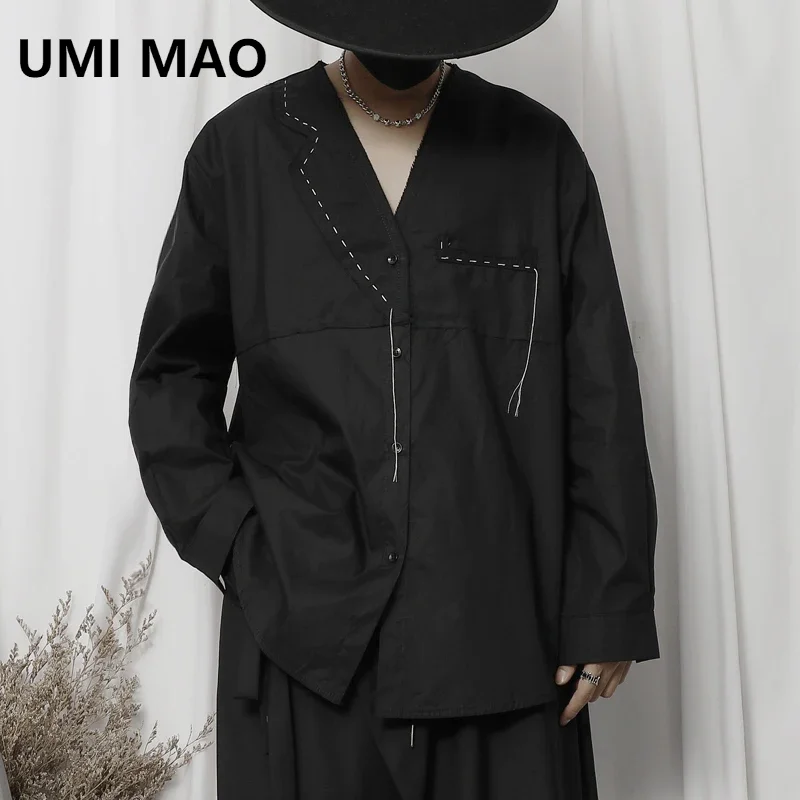 

UMI MAO Han Edition Top Abstinence Spring New Men's Casual Shirt Black Stitching V-neck Burrs Loose Long-Sleeved Shirt