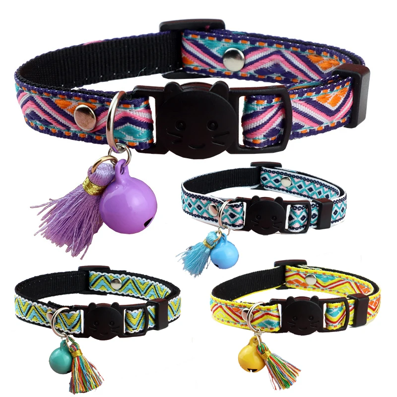 

Ethnic Jacquard Pet Collar, Adjustable Cat Collar with Tassel, Bell Pendant, Safety Buckle, Kitten Neck Strap, Puppy Necklace