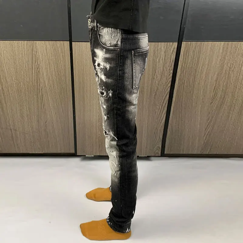 High Street Fashion Men Jeans Retro Black Gray Stretch Slim Fit Ripped Jeans Men Painted Designer Hip Hop Brand Pants Hombre