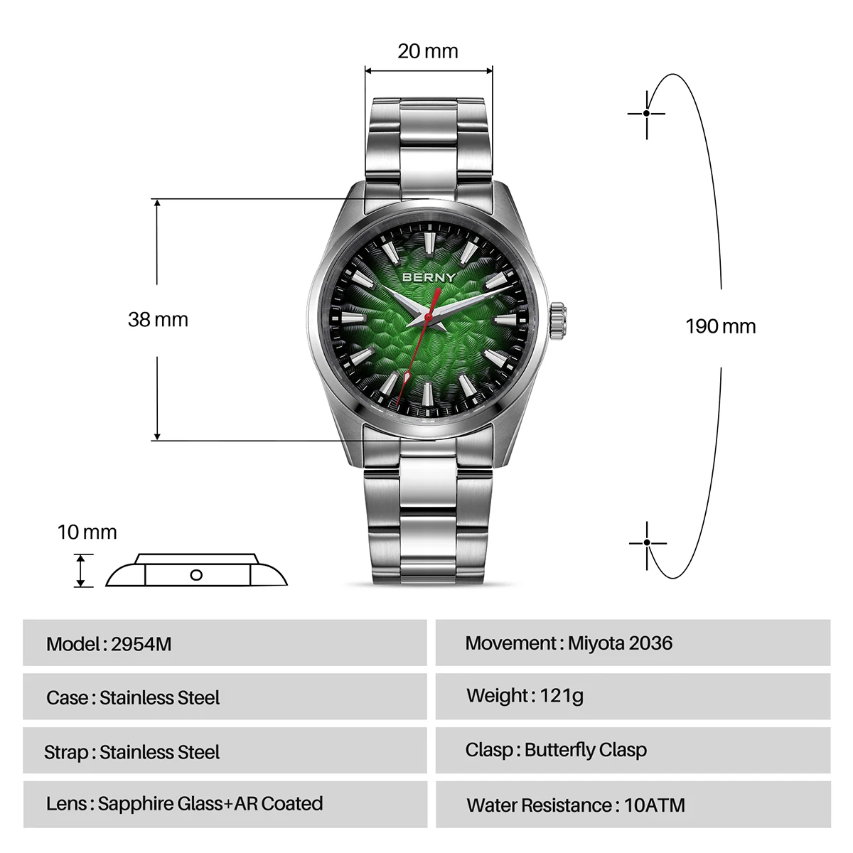 BERNY Uhren für Herren, leuchtende Saphir-Quarz-Herrenuhr, modisch, lässig, 10 ATM, komplett aus Edelstahl, Business-Armbanduhr – Detail 8