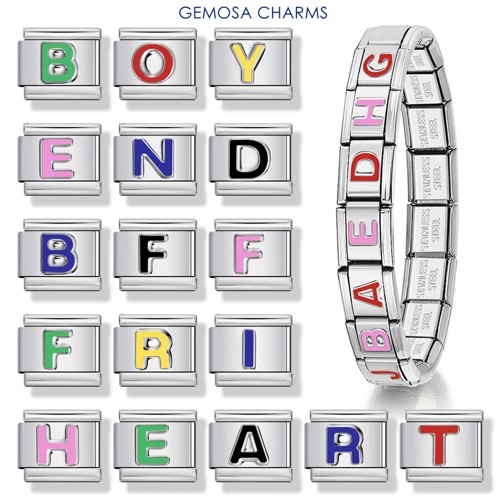 GEMOSA Kreativer blauer gelber grüner rosa Charm mit englischen Buchstaben, italienischer Link, passend für 9 mm Edelstahl-Armbänder, DIY-Schmuckherstellung – Detail 1