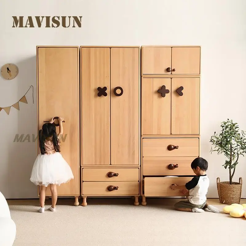 Minimalist Modern Storage Wardrobe Solid Wood Children's Single Door Wardrobe Bedroom Cabinet Combination Clothing Cupboard