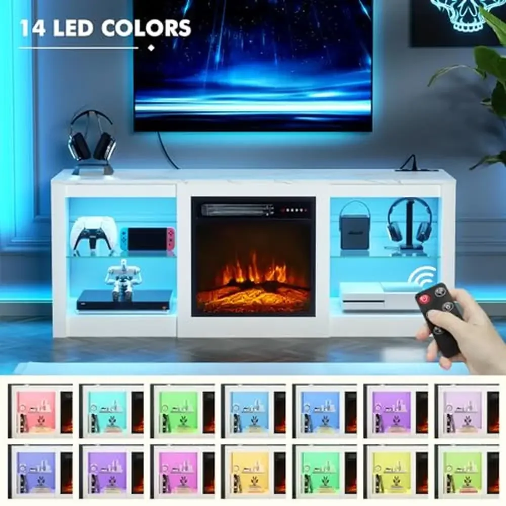 Electric Fireplace TV Stand 65'' TV Entertainment Center 18'' Fireplace Led Light Glass Shelves Adjustable Marble Top Outlet