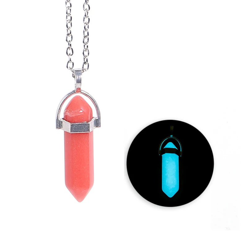 Ciondolo a colonna esagonale fluorescente in pietra luminosa scura alla moda, con collana in pelle con pietra proiettile scura