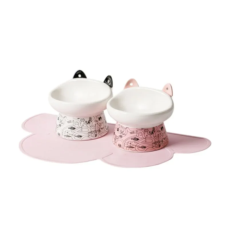 Cat bowl high-footed ceramic anti-knock protection cervical spine double food bowl pet supplies cat and dog drinking food