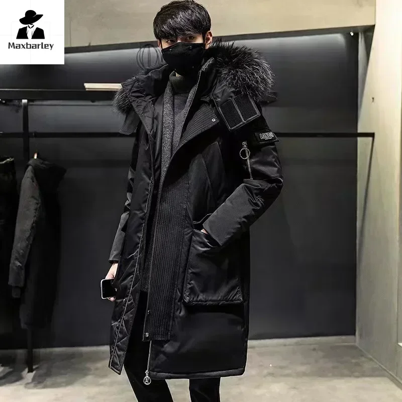 Winter Large Collar Men's Parka Down Jacket Men's Mid Length Thickened Warm White Duck Down And Women's Outerwear