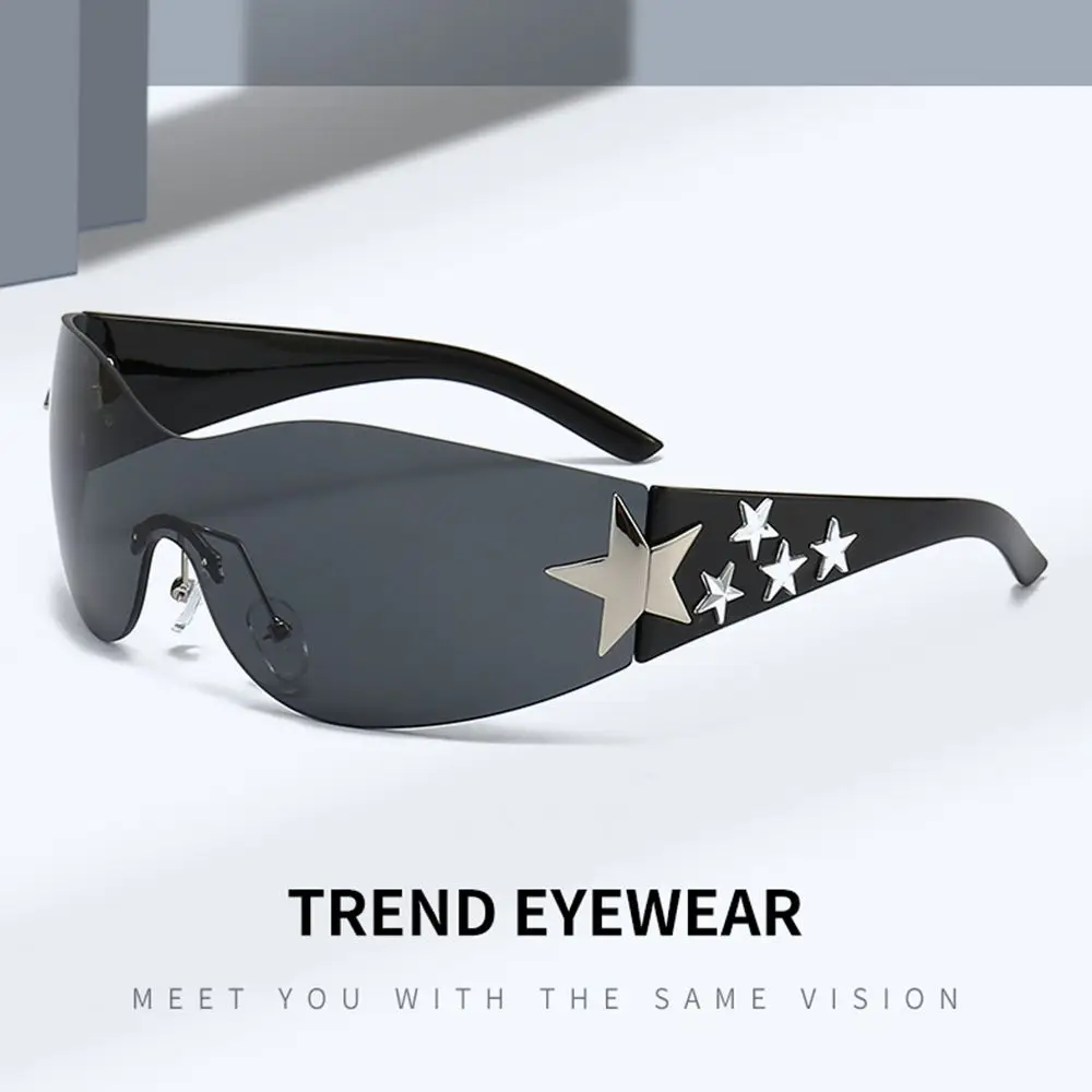 

Trendy UV400 Protection Cool Fashion Shades Black Sunglasses Wrap Around Sun Glasses Rimless Y2K Sunglasses Stars Decor Eyewear