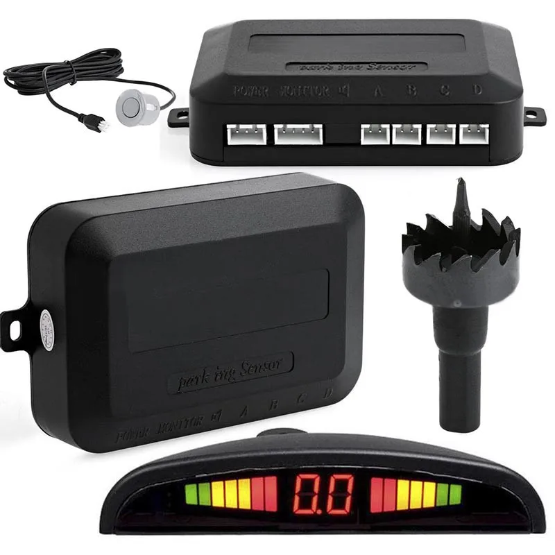 

LED Display 4 Silver Parking Sensors Car Backup Reverse Radar Alarm System Kit
