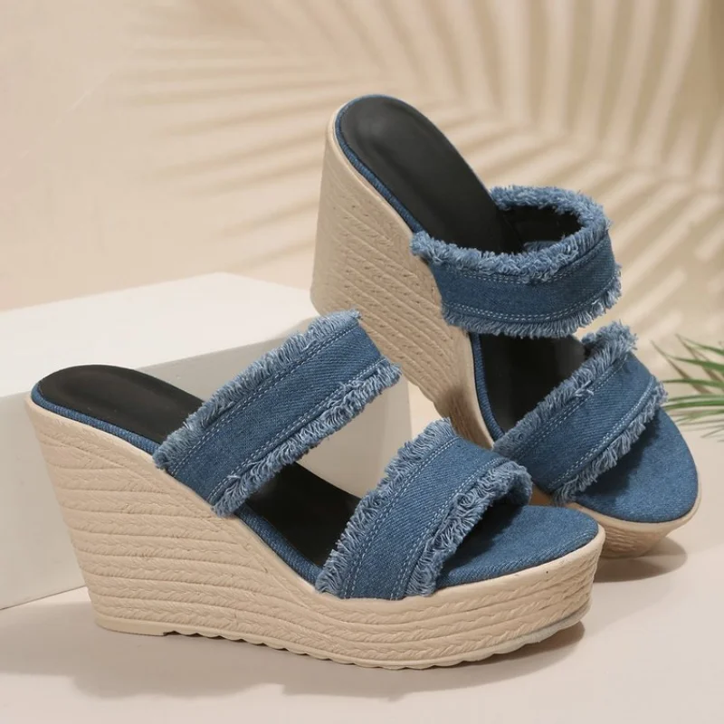 

Women Summer Denim Wedge High Heels Sandals Slip on Chunky Platform Slippers Woman Fashion Blue Thick Sole Slides Plus Size 42