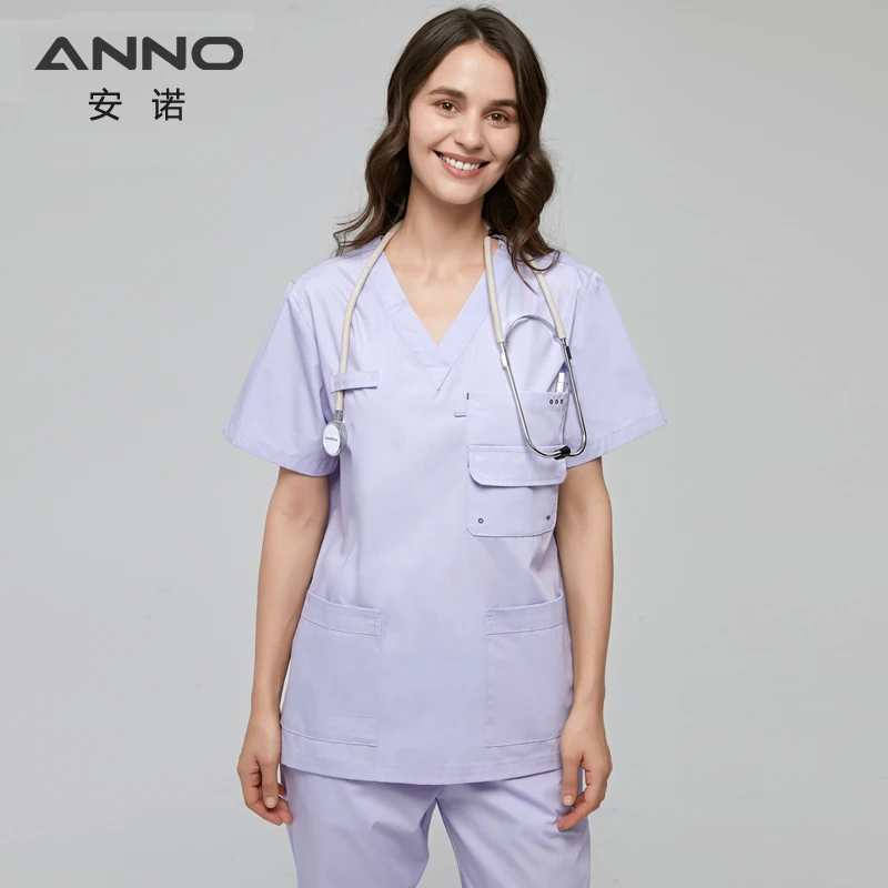 ANNO Multiple Pockets Scrubs Set Work Uniform Hospital Classic Form Foctor Woman Man Nursing Wear Dental Clothing