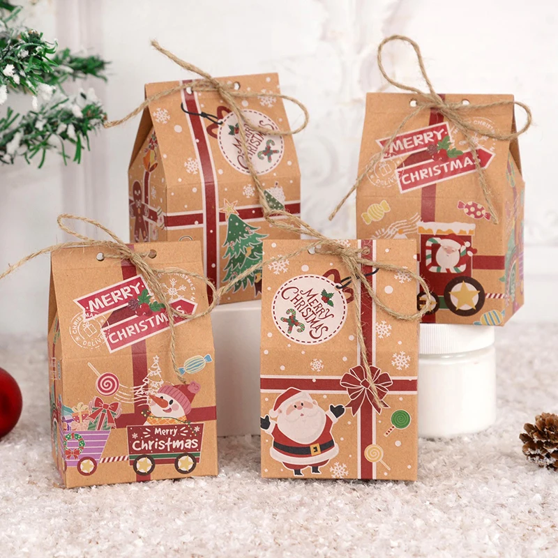 

5/10pcs Merry Christmas Gift Boxes Cartoon Santa Claus Kraft Paper Cookie Candy Packaging Box Bag Xmas Party New Year Decoration