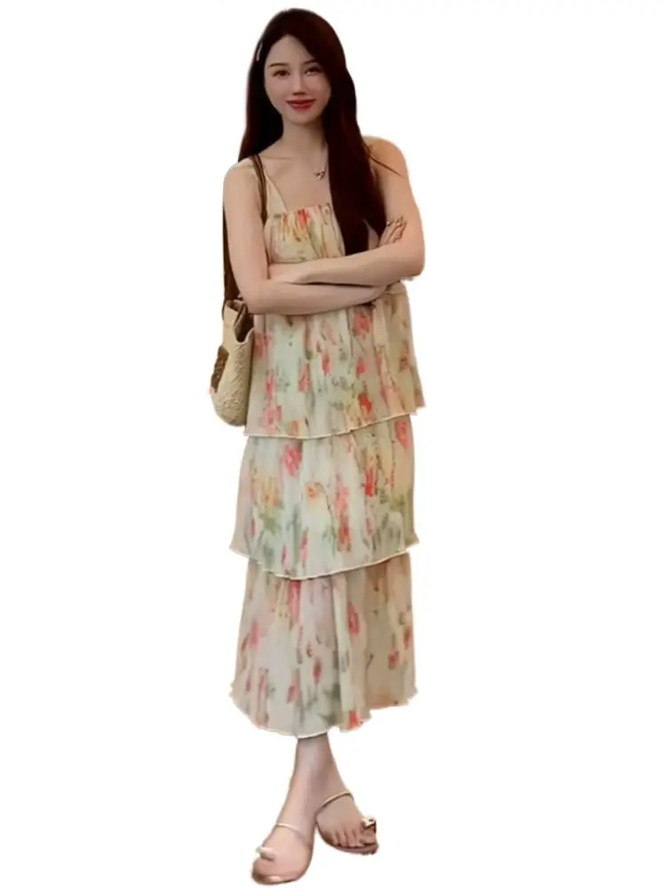 

Шифоновое платье на бретельках с принтом, летнее модное пляжное женское платье в стиле ретро, трапециевидные платья с завышенной талией, элегантное роскошное платье макси из искусственной кожи