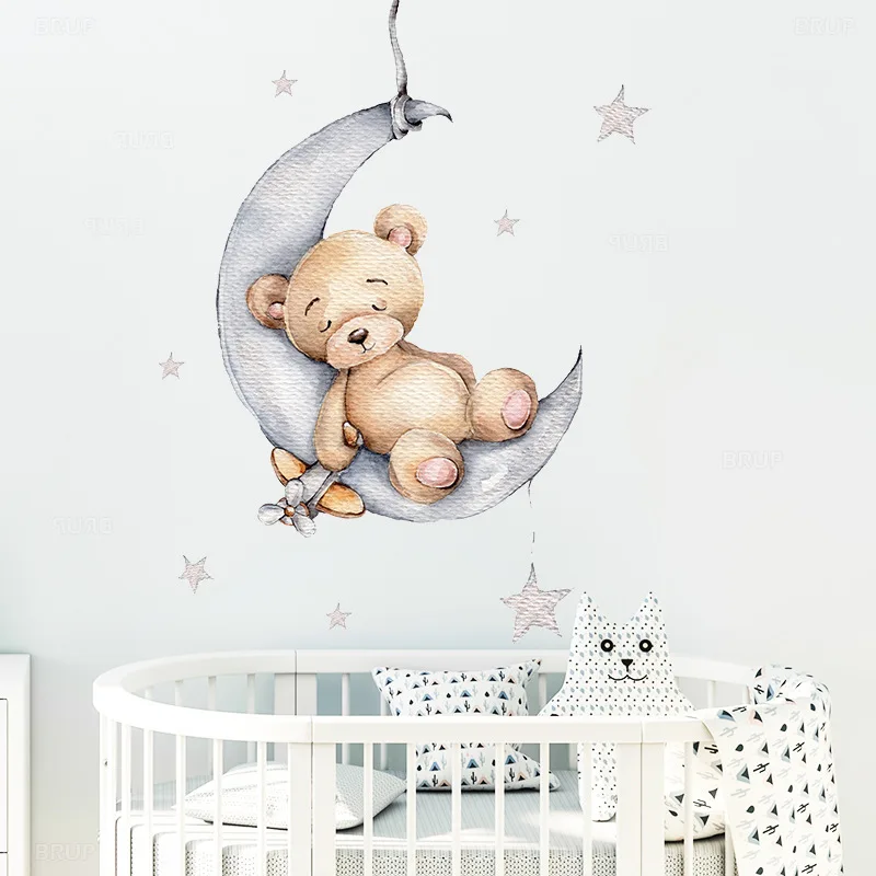 Cute Cartoon Bear Bunny Star Moon Wall Stickers for Kids Rooms Baby Room Wall Decor Wallpaper Girls Boys Bedroom Nursery Sticker