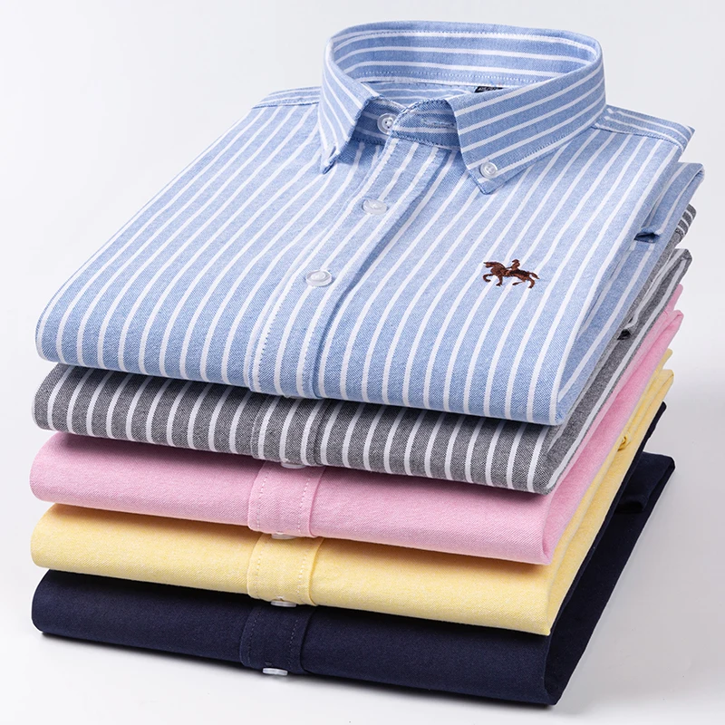 2024 Men's Long Sleeve Dress Shirt Men Pure Cotton Oxford  Embroidered Horse Casual Without Pocket Solid Shirt Plus Size
