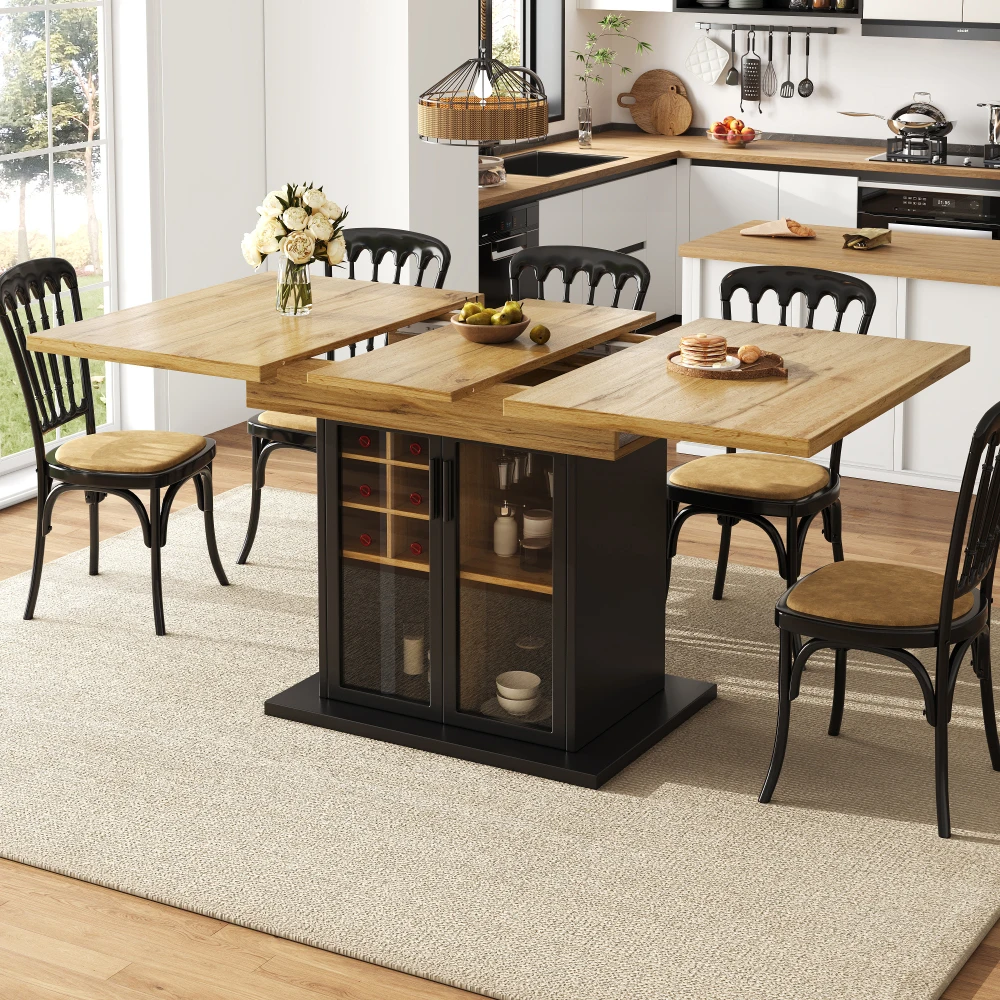 Teleskop-Esstisch (110–140 x 80 cm), klappbarer Küchentisch für 4–6 Personen, ausziehbarer Tisch mit Weinregal, braune Glastür – Detail 6
