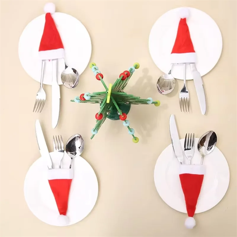 Mini Christmas Hat Wine Bottle Beverage Bottle Cap Decoration Knife Fork Santa Claus Hat Set Christmas Party Scene Decoration