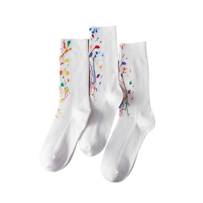 

3pairs High Quality Splash-ink Design White Socks Cotton for Men and Women Students Teenagers