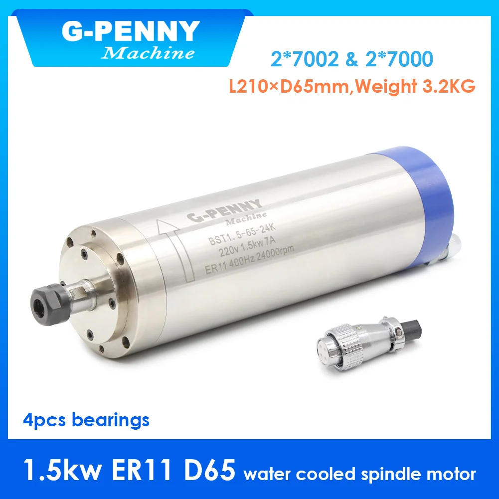 G-Penny 1,5 kW ER11 Wassergekühlter Spindelmotor 65 mm 400 Hz 24.000 U/min 4 Lager CNC-Frässpindel für Holz, Metall, Aluminium-Fräsen