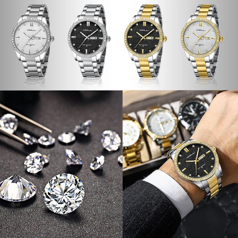 CRRJU Men Watch Moissanite Diamond Luxury Brand Golden Dial Watches with Stainless Steel Band with Luminous Relogio Masculino
