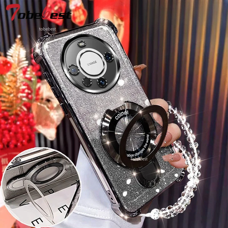 Glitter Plating Shockproof Magnetic Holder Phone Case with Bracelet Cover