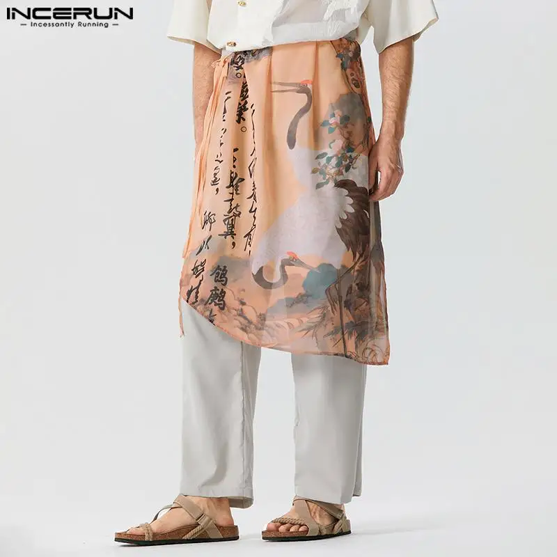 

2023 Men Skirts Printing Drawstring Loose Streetwear Irregular Skirts Men Transparent Vintage Casual Men Bottoms S-5XL INCERUN