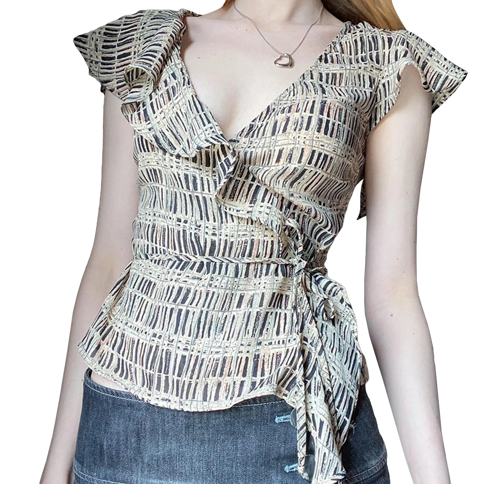 

Women's Summer Slim Tops Fashion Short Sleeve Deep V Neck Bandage Pattern Print Ruffle T-shirt Streetwear