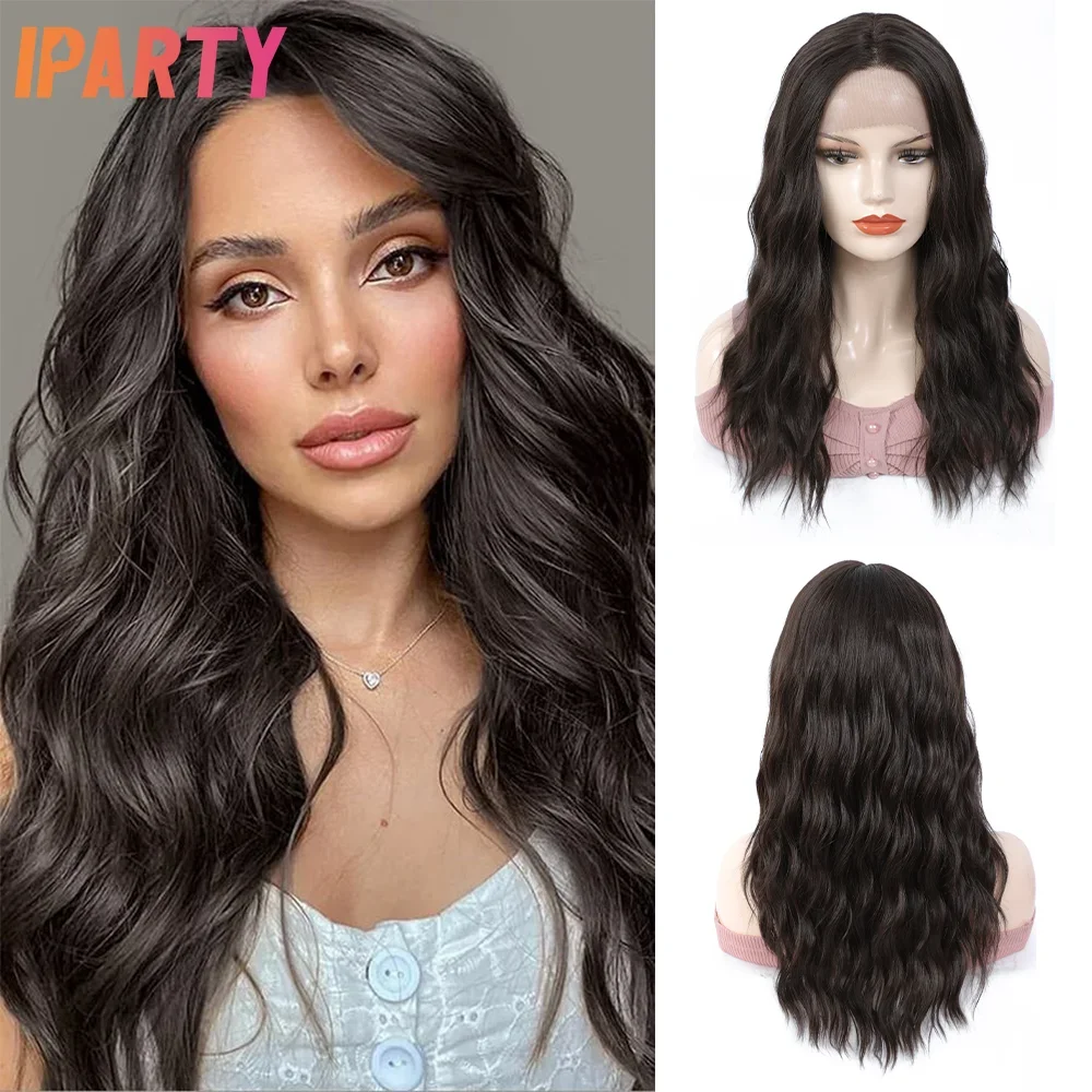 

Synthetic Lace Light Brown Color Wig 20 Inches Long Wavy Middle Part Wigs For Women Heat Resistant Fibers Multi Color Daily