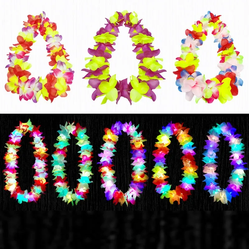 

10pcs LED Hawaiian Leis Hula Garland Artificial Flowers Necklace Light up Flashing Dance Glow Party Supplies Wedding Birthday