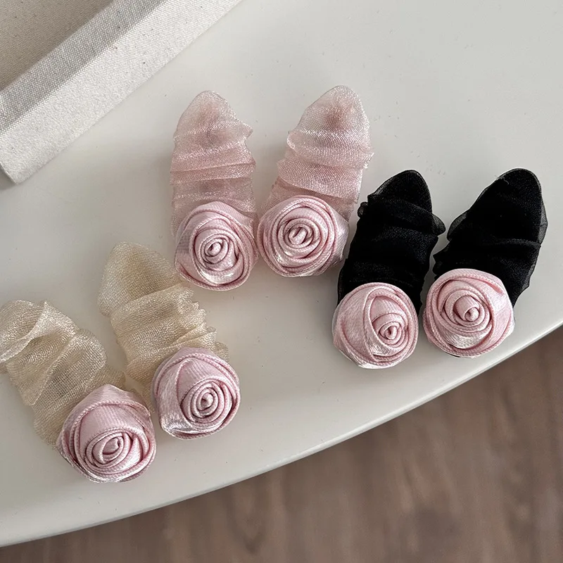 Pink Rose Side Hair Clips Girls Elegant Mesh New High-end Seamless Edge Clip Design Duckbill Headwear Baby Hairpins Ballet Style