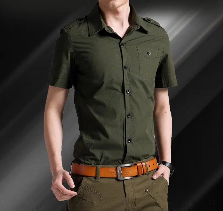 2022 Mens Summer New Men's Military Short Sleeved Shirt Loose Large Shirt Men's Summer Slim Short Sleeved Shirt Green Khaki mens black short sleeve shirt