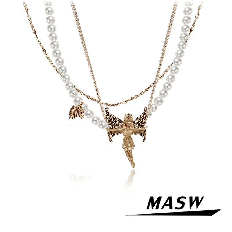 

MASW Original Design Elegant Temperament Glass Simulated Pearl Metal Angel Charm Necklace For Women Girl Gift Jewelry 2023 New