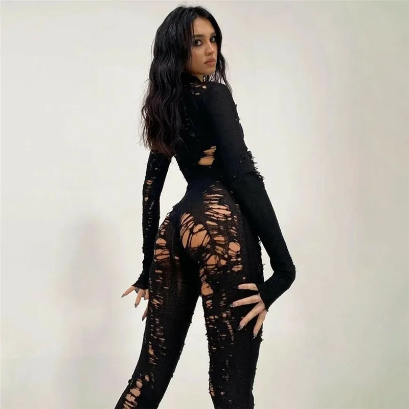 Women New Y2K Knitted Hollow Out Jumpsuit Long Sleeve Party Turtleneck Sexy One-pieces Pants Sexy&High Streetwear Tights