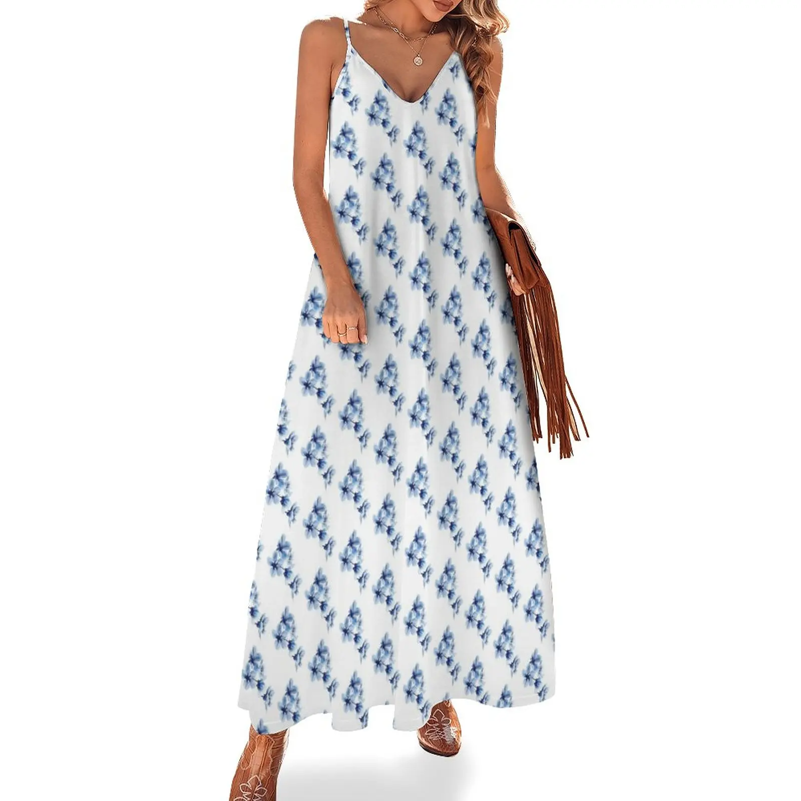 

Blue and white blossoms Sleeveless Dress Women's summer long dress Women's clothing