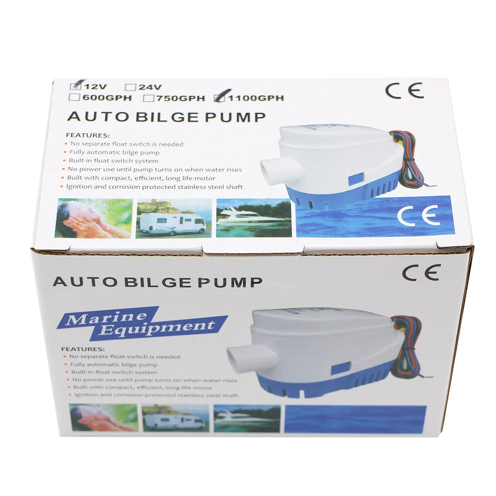 요트 해양 보트 및 태양광용 자동 빌지 펌프, DC 12V, 24V, 600, 750/1100 GPH, 수중 전기 펌프