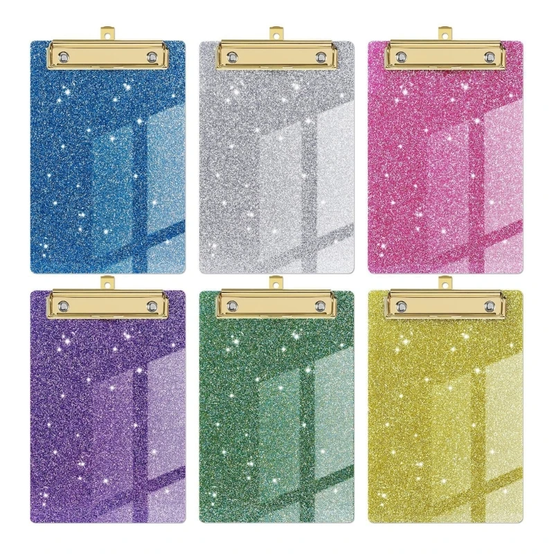 

Plastic Clipboard Glitter File Clipboard with Low Metal Clip and Hanging Hole 4x6Inch Acrylic Clipboard for Office