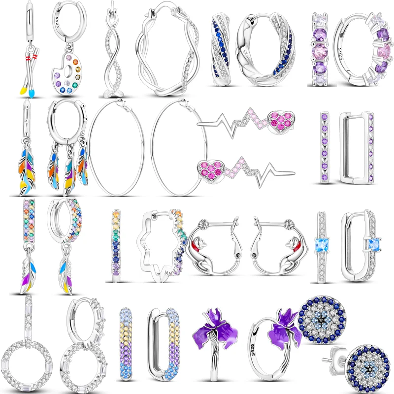 Vendite Calde 925 Sterling Silver Brush Palette Feather Flower Heart Sparkling Colorful Zircone Orecchini Donna Wedding Europe Jewelry