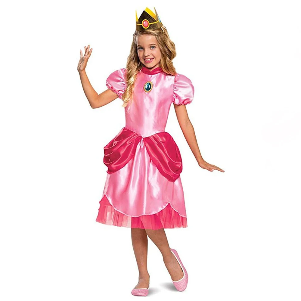 Halloween Girls Peach Princess Costume Cosplay Purim Sweet Super Luigi Brother Princess Pink Children Outfit Fancy Dress