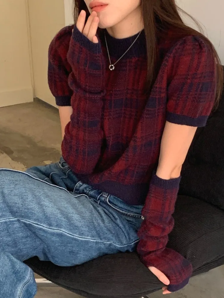 Chic Winter Anti-Aging round Ne Color Blo Plaid Casual Versatile ort Sve Sweater Women's Sve Set Commute Sle Re...