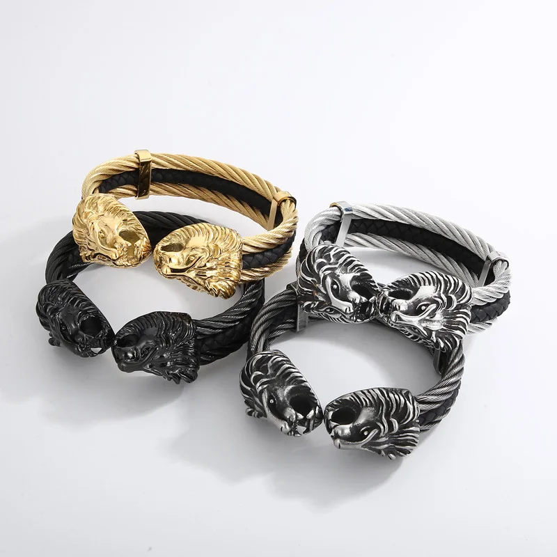 Fongten Punk Cuff Bracelet For Men Double Lion Head Stainless Steel Three Layer Twisted Cable Cool Male Bangles Bracelet Jewelry