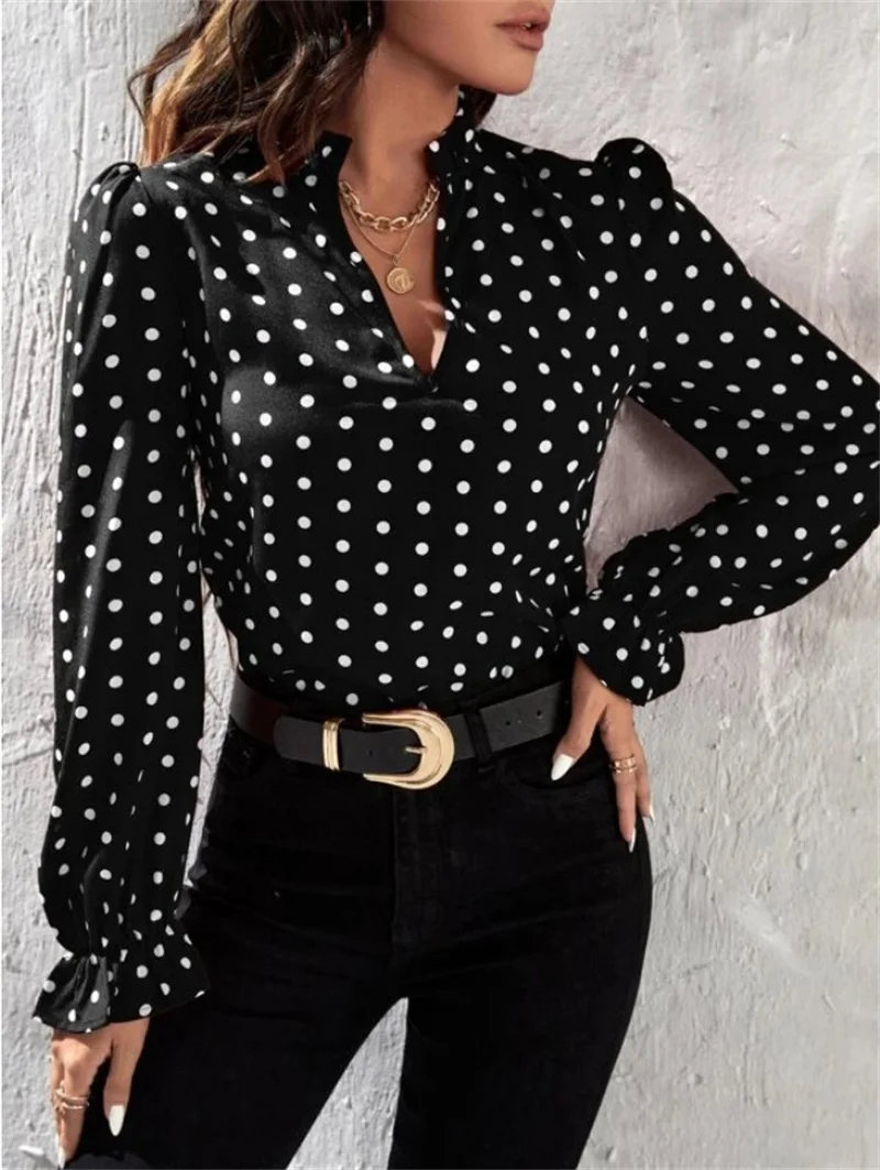 Polka Dot Print Chiffon Bottoming Shirt Elegant Women Slim Fit V Neck Long Sleeve Blouse 2023 Commuter Basic Female Casual Tops