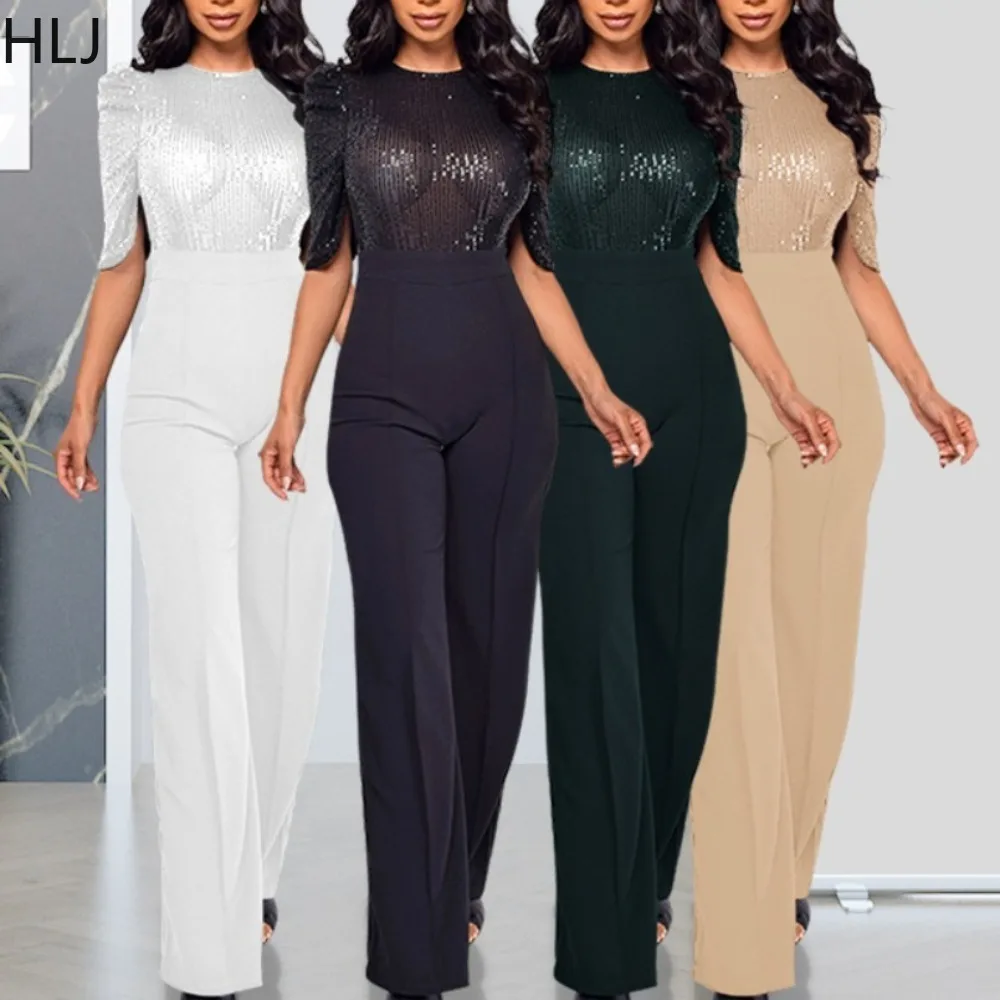 HLJ Elegant Office Lady Sequin Splicing Party Jumpsuits Women O Neck Short Sleeve Slim Straight Pants Playsuits Fashion Overalls