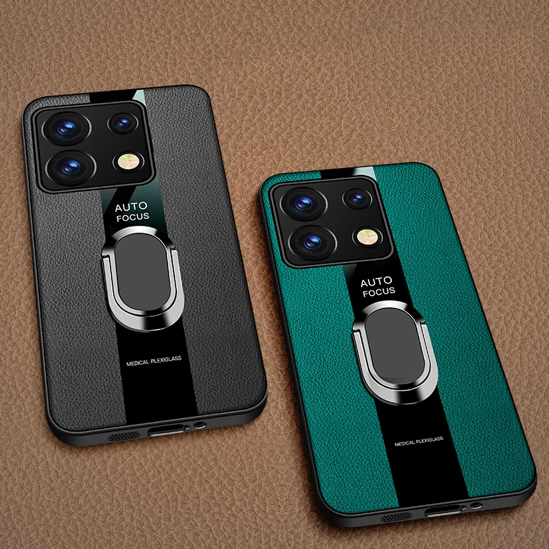 Luxury Leather Magnetic Ring Phone Case with Shockproof Bumper Design