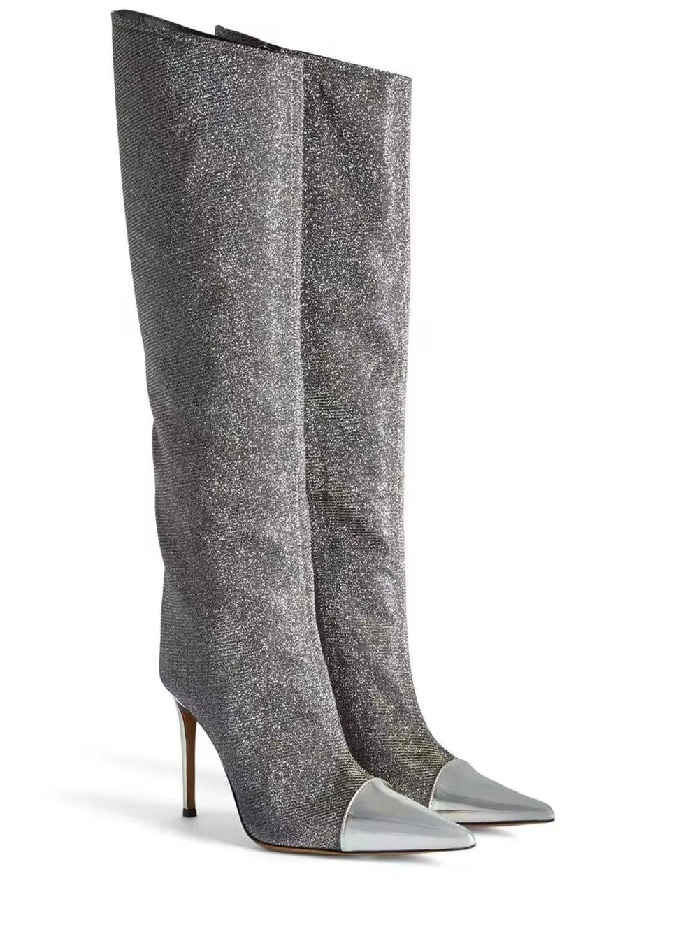 

2023 Autumn/Winter New Fashion High Stiletto Heel Square Toe Side Zipper Knee high Boots Catwalk shows Metallic Feel