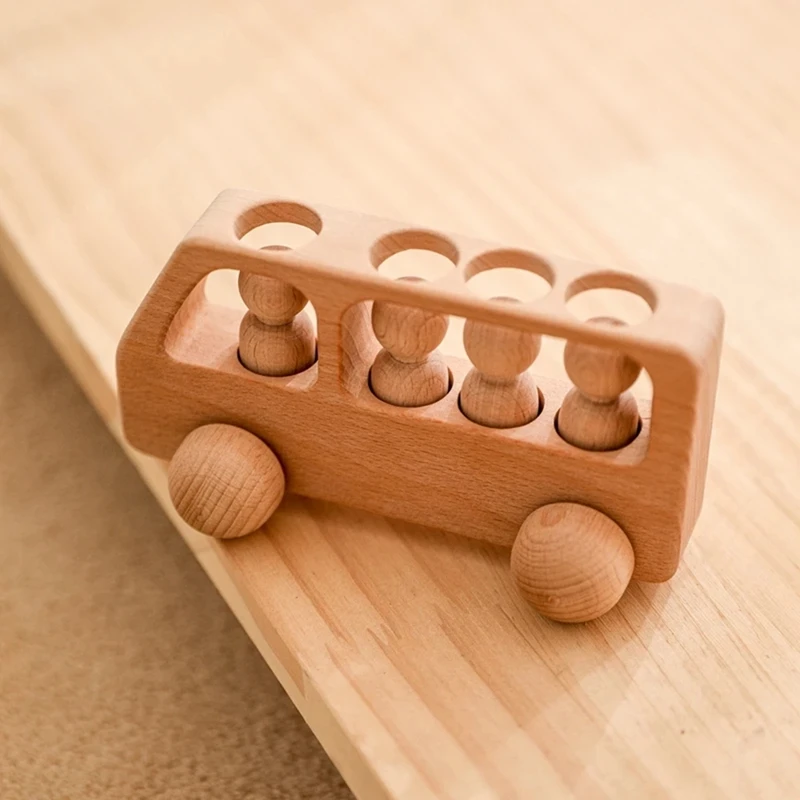 A49K-Outdoor Wooden Bus Game Kit Baby Wooden Bus Educational Blocks Natural Wood Car Little Doll Teething Toys Birthday Gifts