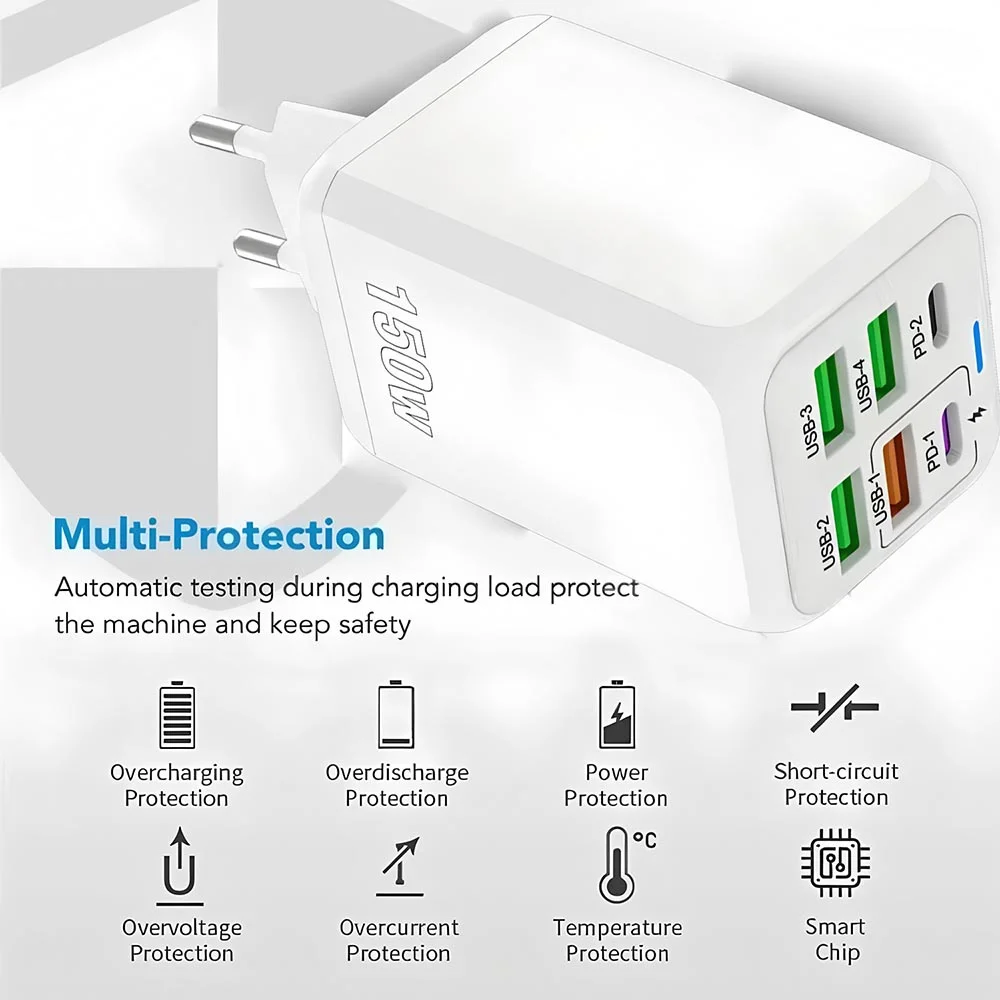 150W 6-Port Dual PD Quick Charge3.0 USB C Fast Charger Wall Adapter High Speed Charging For iPhone Samsung Xiaomi Huawei OnePlus