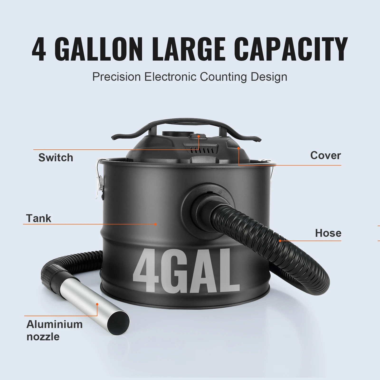 VEVOR Ash Vacuum Cleaner 4 Gallon with 1200W Powerful Suction Ash Vac Collector with 47.2 in Flexible Hose for Fireplaces Grills 3